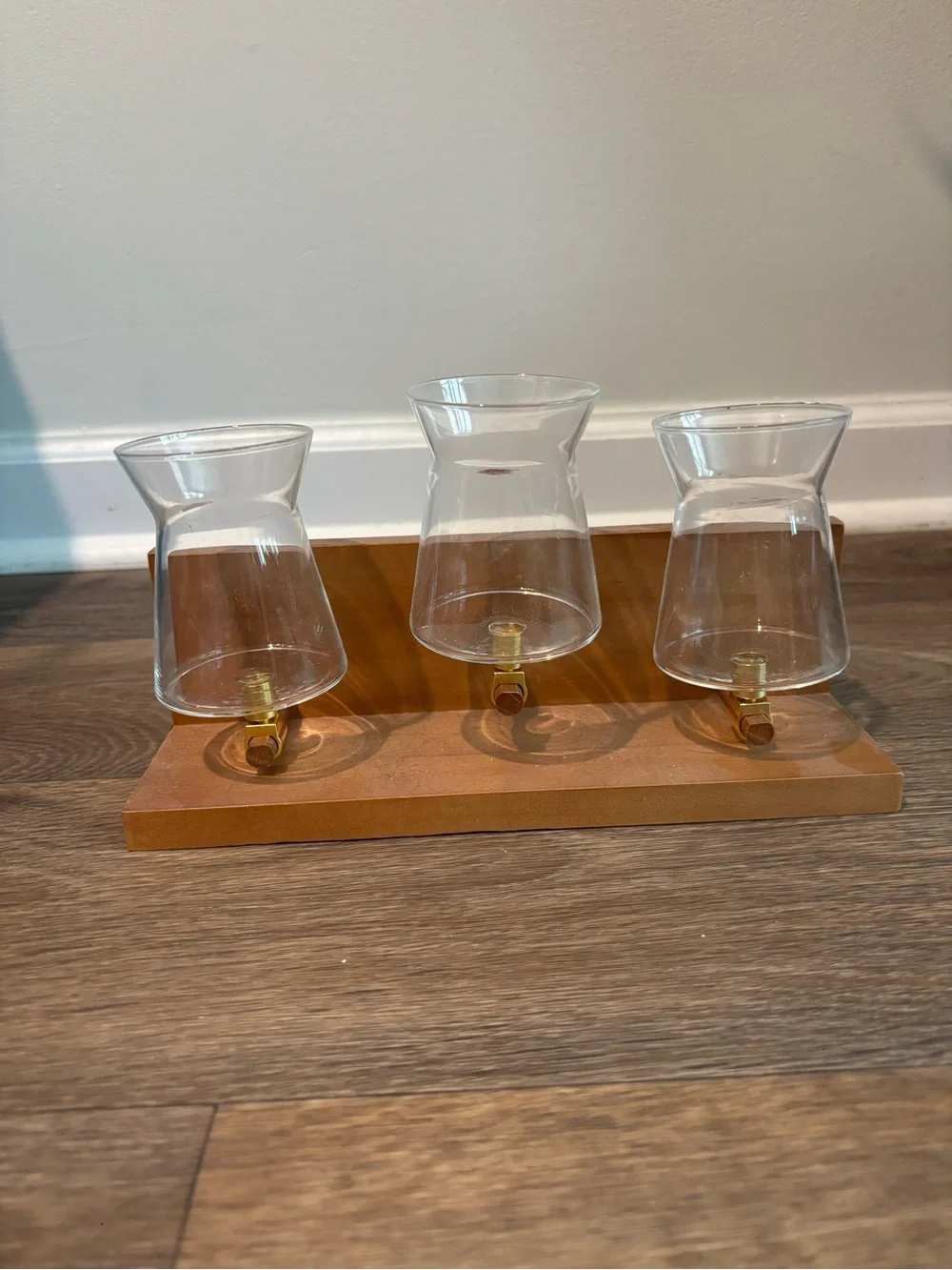 Triple Glass Votive Holder on Wooden Base - Clear Glass & Natural Wood